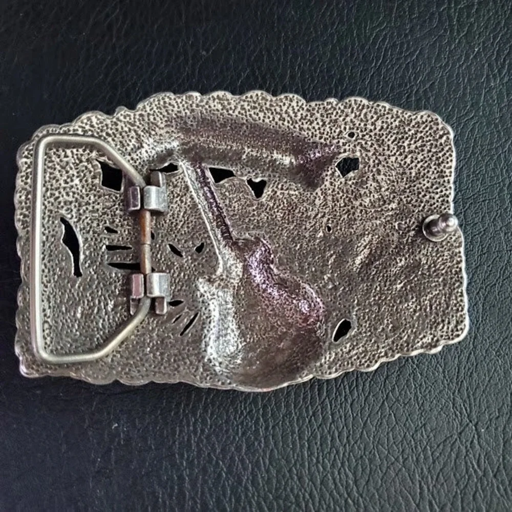 Vintage 1973 Belt Buckle Silver Tone Guitar Flowers Peace Signs Rhinestones Boho